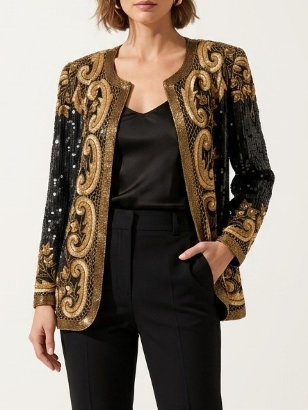 Vintage Creative Creations Black & Gold Scroll Sequin Evening Cocktail Jacket M